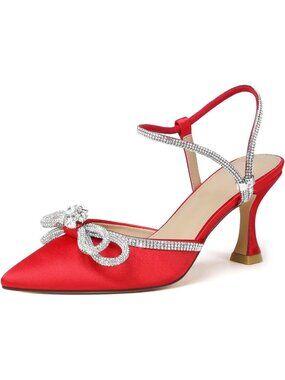 Women's Red Bow Closed Toe Rhinestone Low Slingback Shoes Kitten Heels